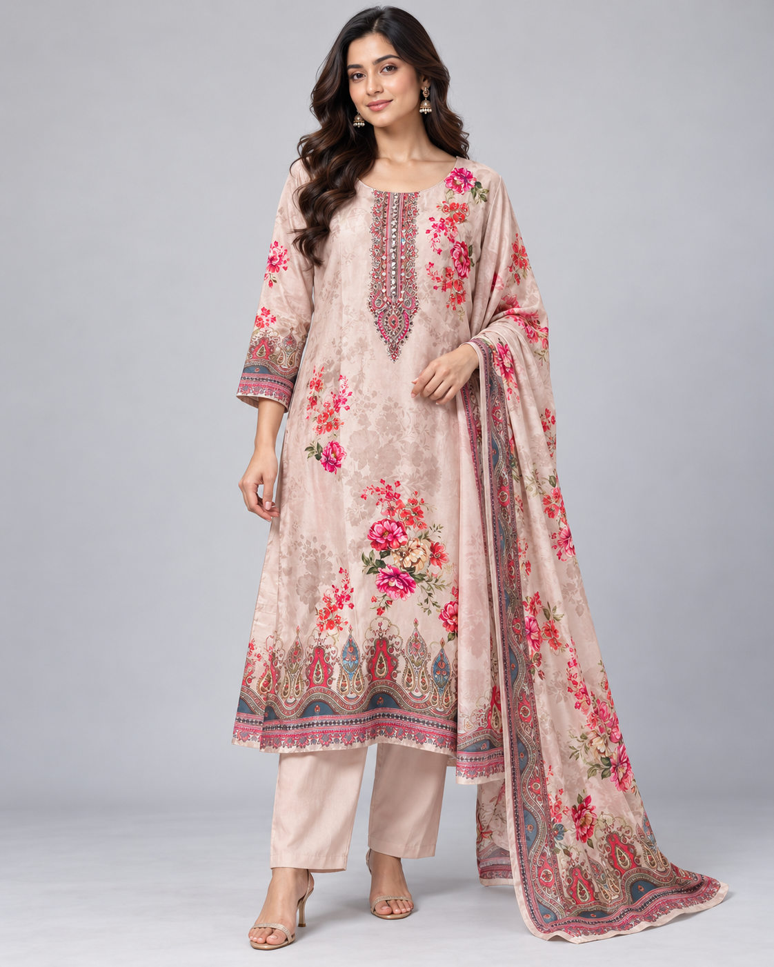 Cream Floral Printed Kurti Pant Set with Dupatta