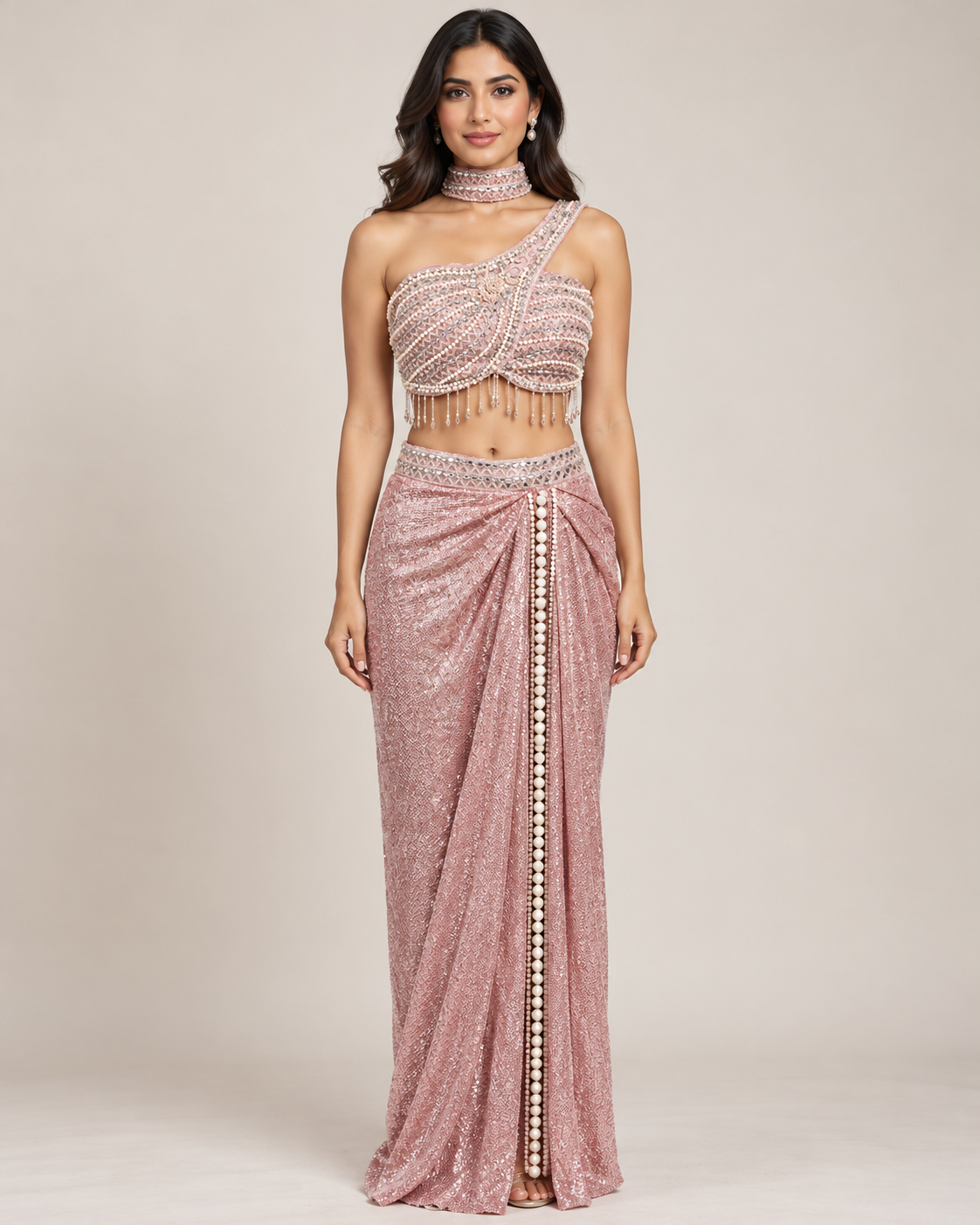 Blush Pink One-Shoulder Embellished Crop Top & Draped Skirt Set Main image