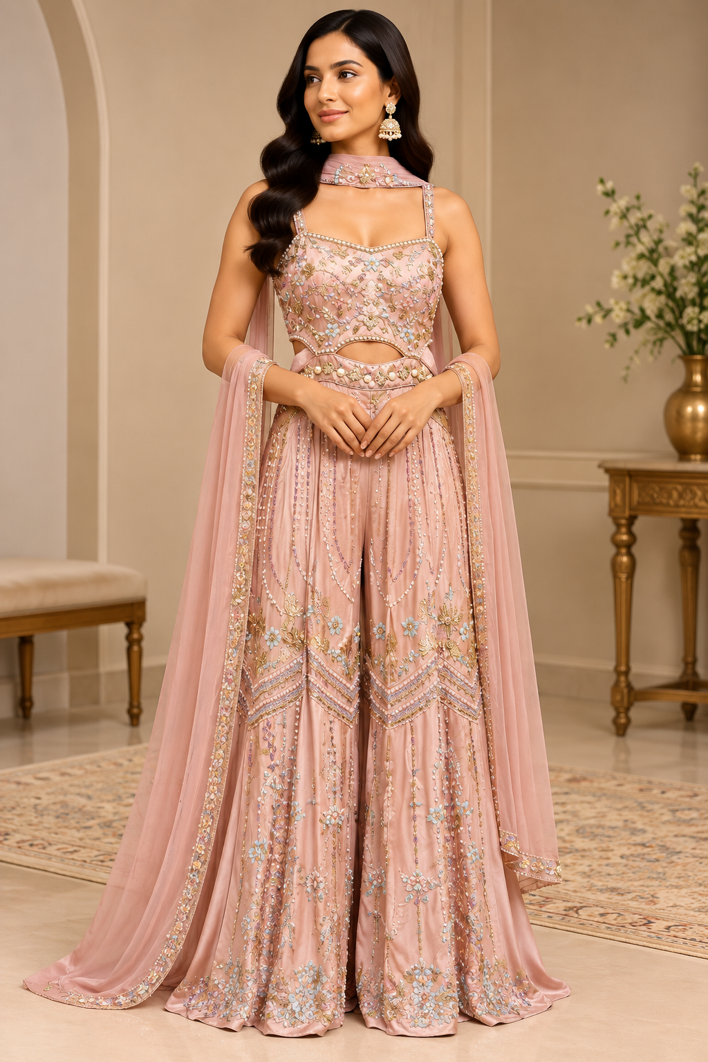 Embellished Beige Anarkali Set