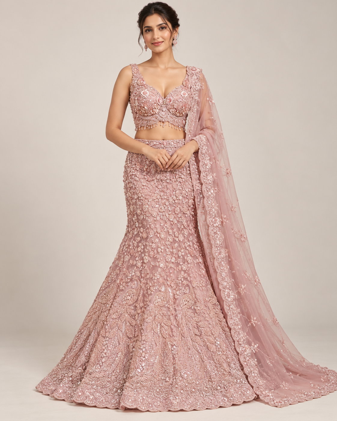 Pink Floral Embroidered Fishcut Lehenga