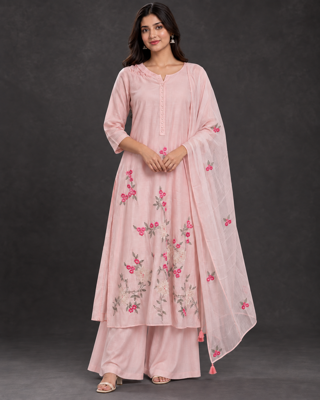 Pink Floral Embroidered Palazzo Suit with Dupatta