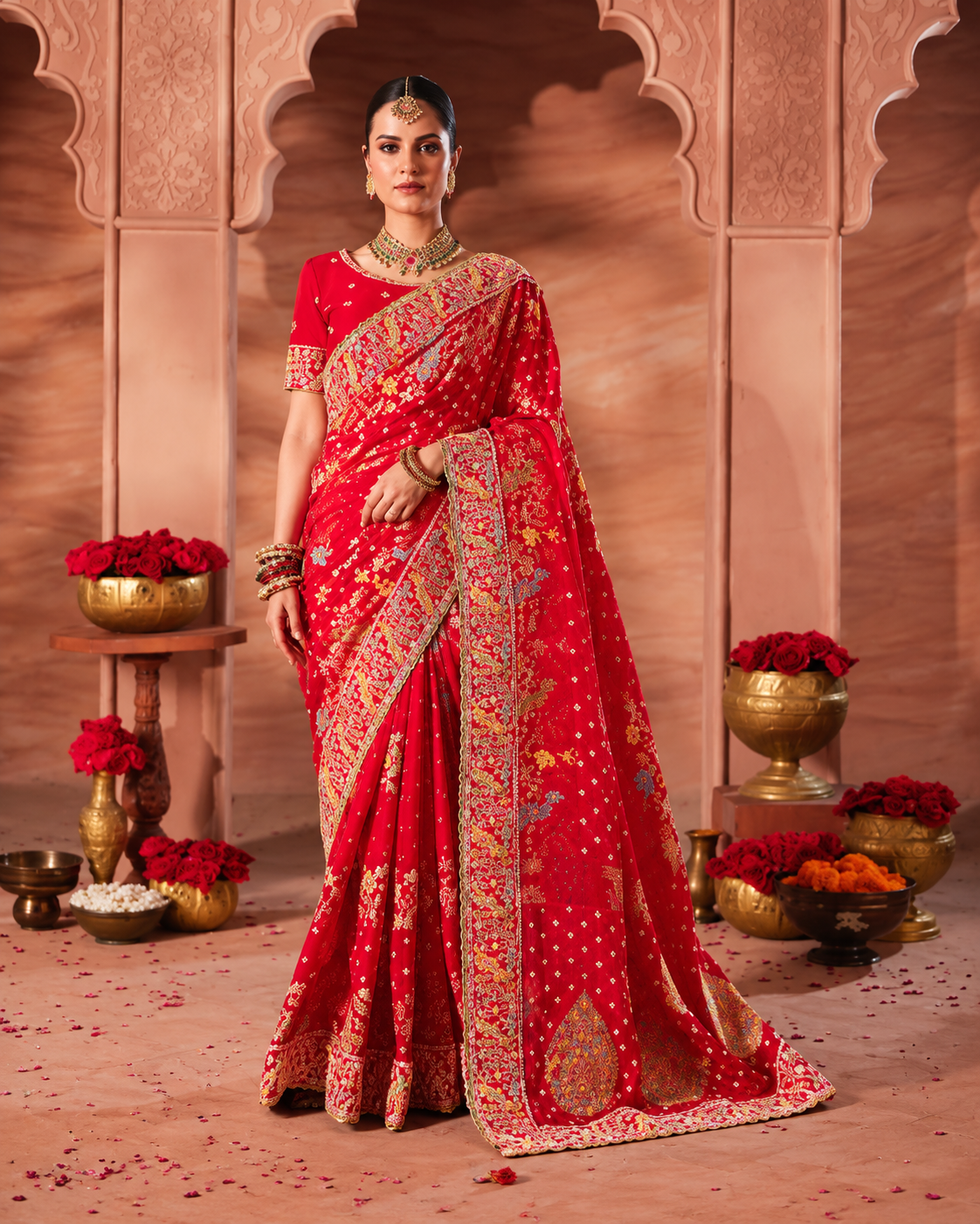 Bright Red Bandhani Embroidered Silk Saree