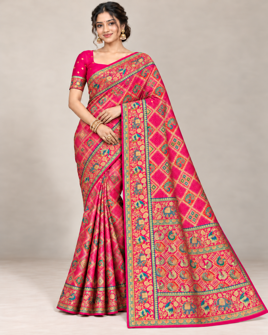 Pink Silk Saree with Teal Floral Border & Paisley Pallu