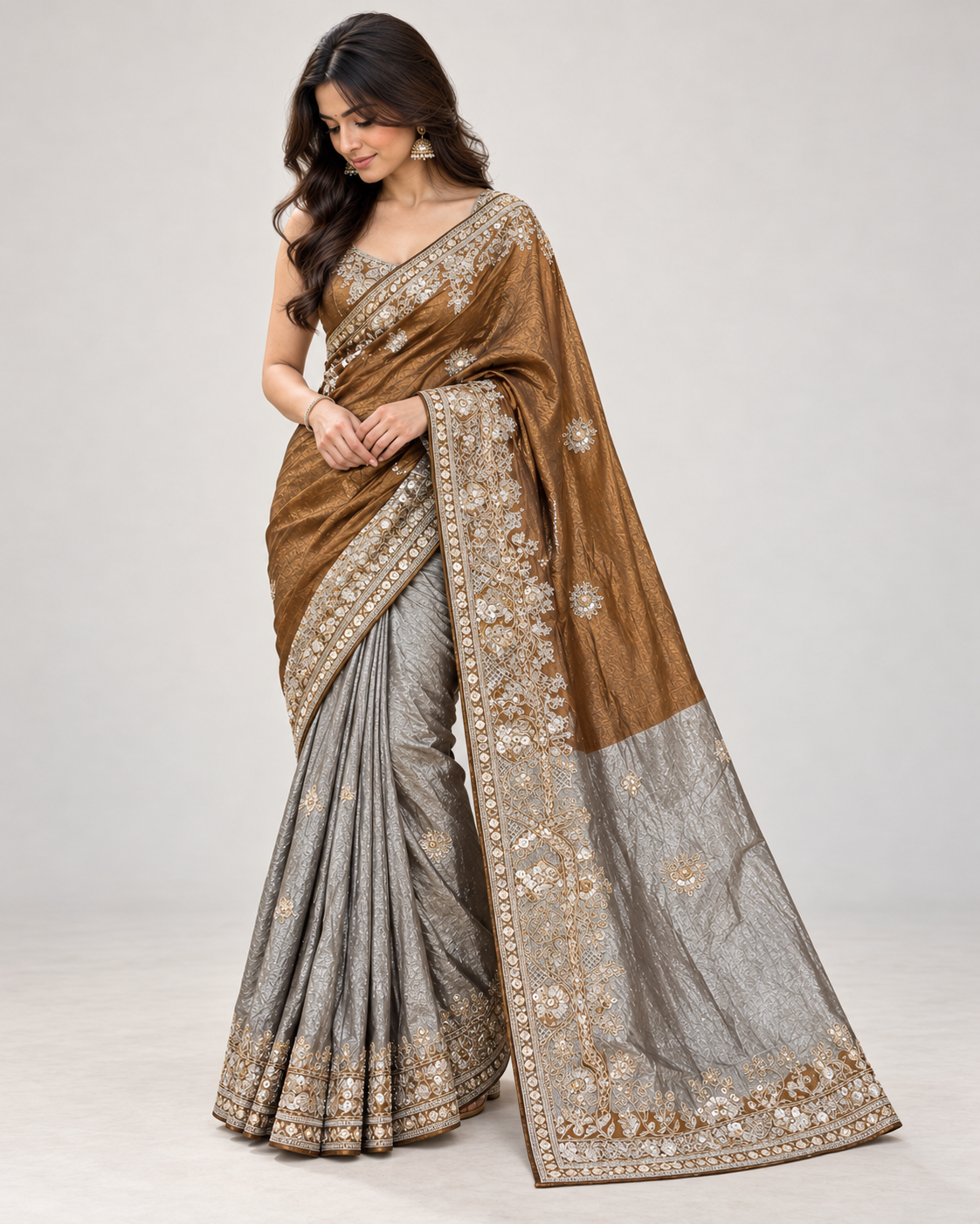 Bronze and Grey Embroidered Saree