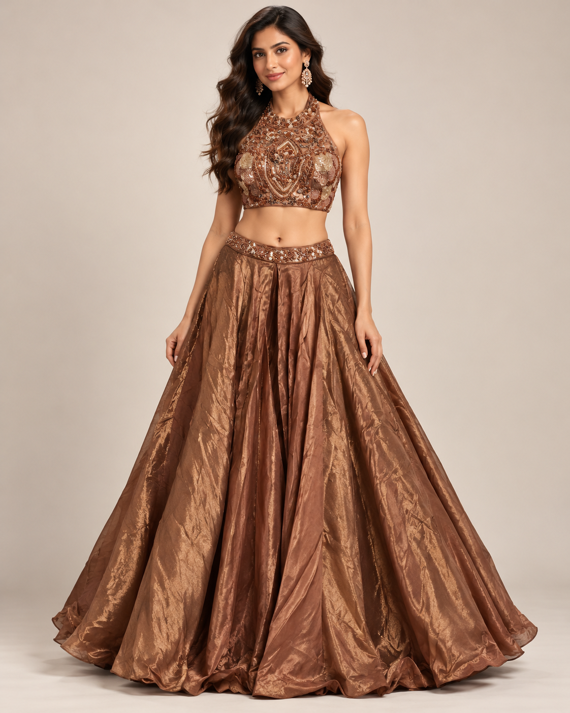 Royal Brown Embellished Halter Neck Lehenga
