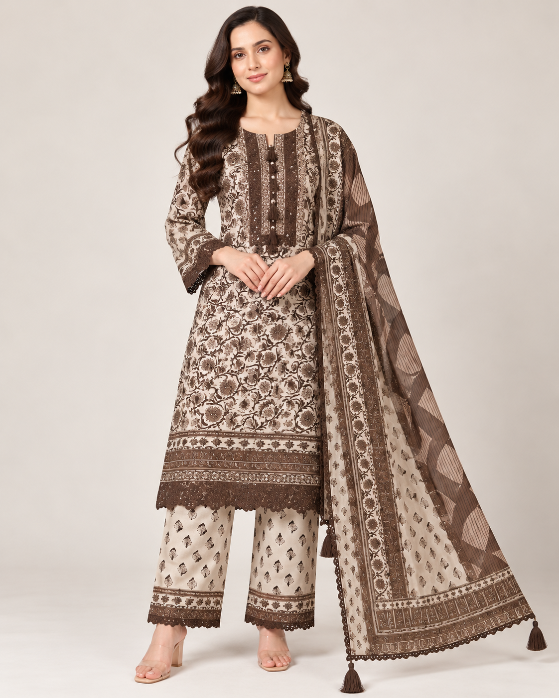 Mocha Brown & Cream Printed Pakistani Suit Set