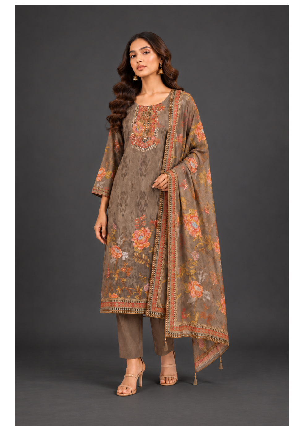 Brown Floral Printed Pant Suit with Dupatta Main image