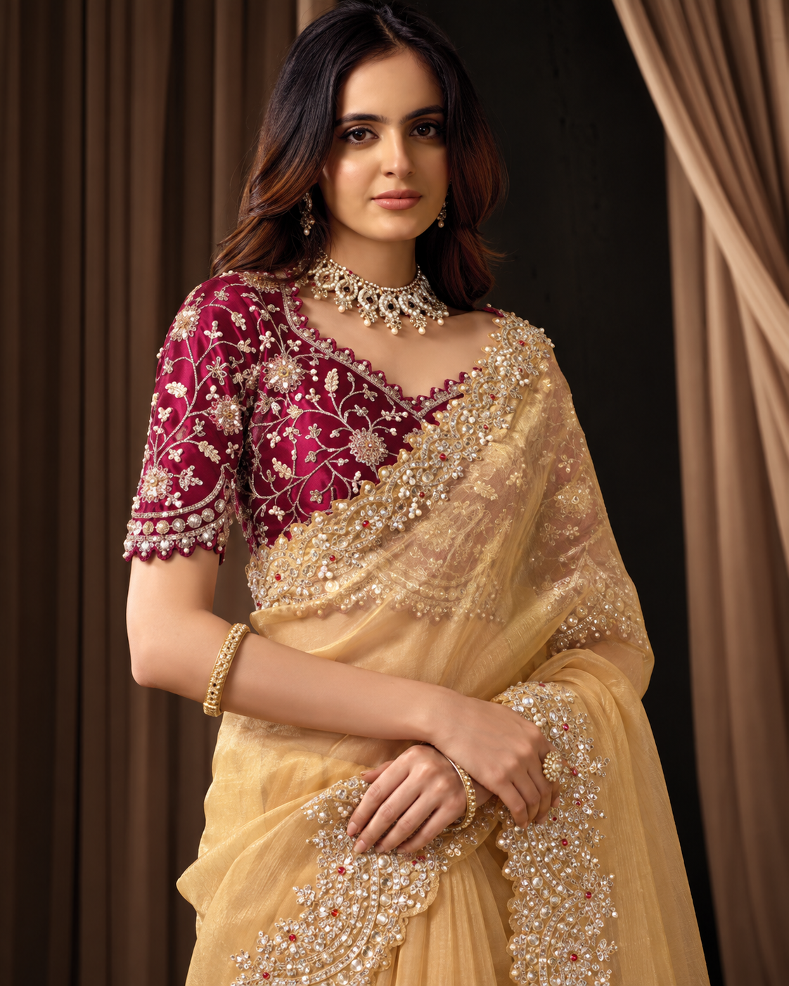 Golden Organza Tissue Saree with Pearl and Stone Handwork