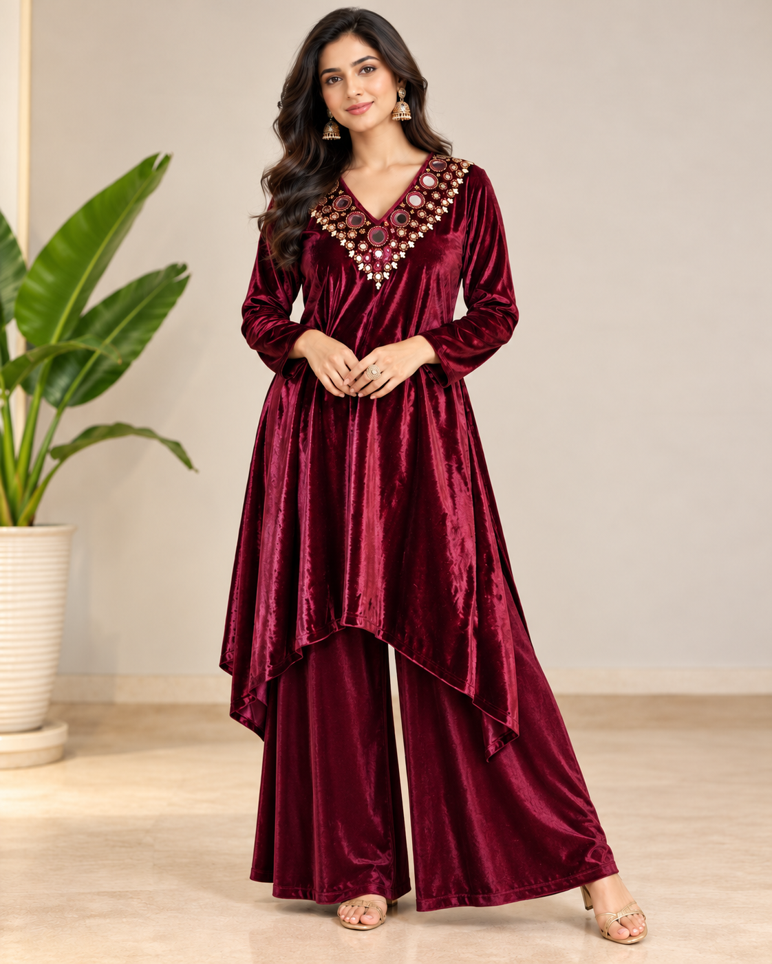 Burgundy Velvet Asymmetric Kurta Set
