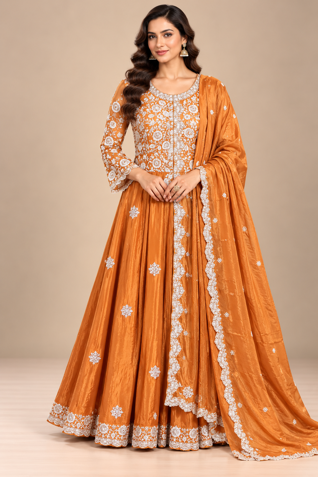 Burnt Orange Embroidered Silk Anarkali Set