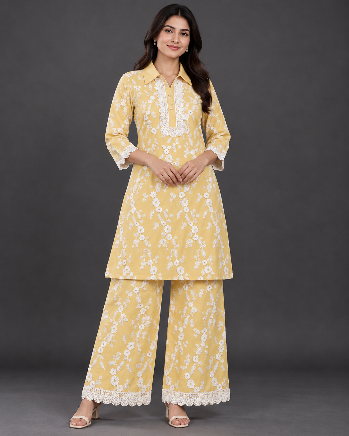 Yellow Floral Embroidered Kurti Palazzo Set Main image