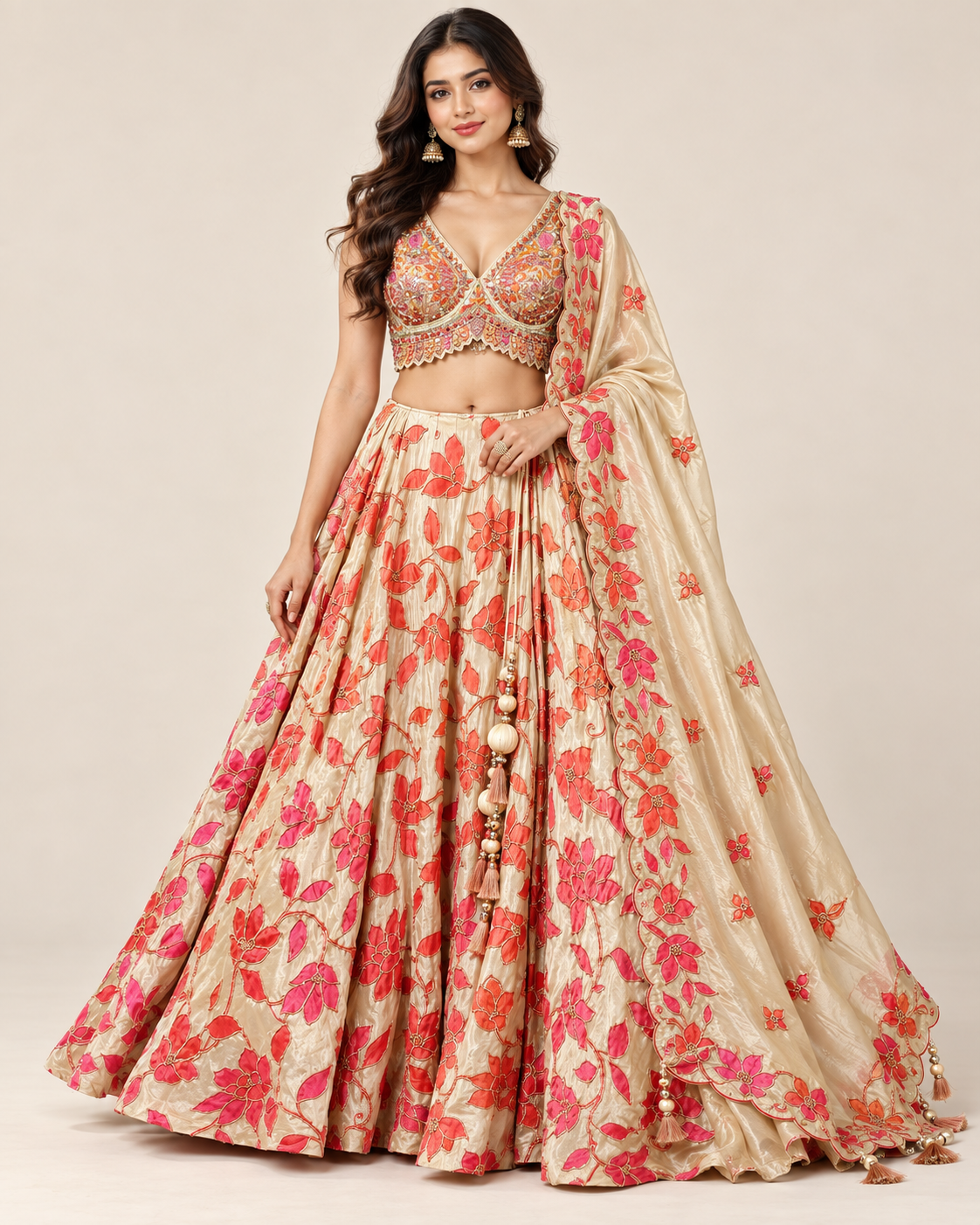 Champagne Gold & Coral Floral Embroidered Bridal Lehenga Set Main image