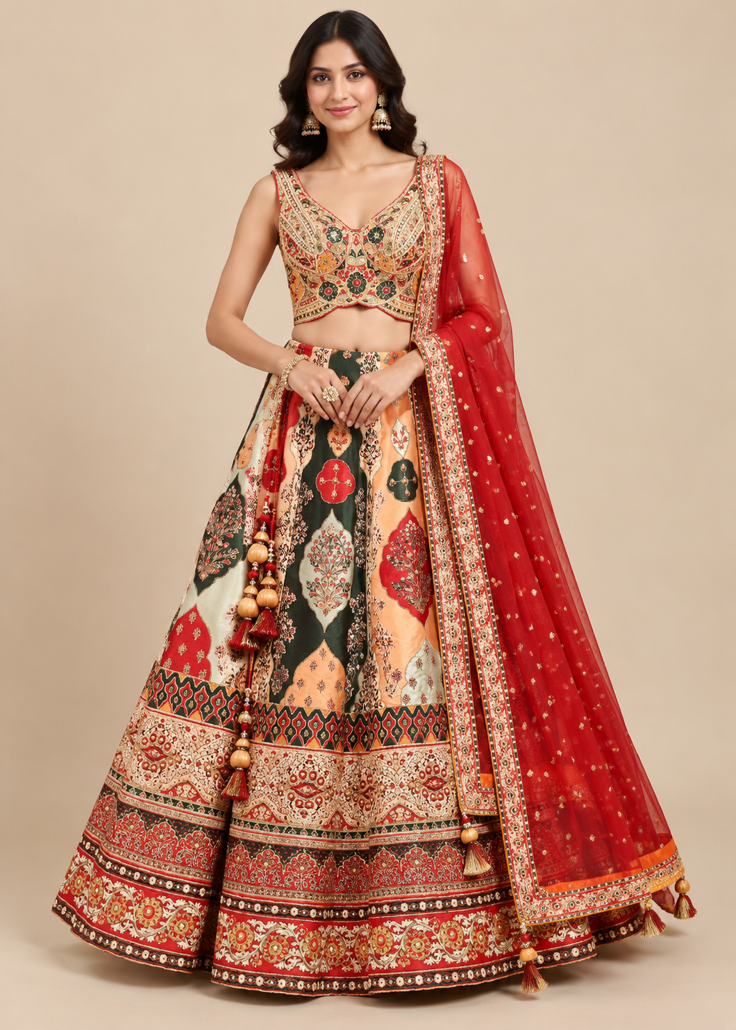 Multicolor Heritage Printed &amp; Embroidered Bridal Lehenga Set Main image