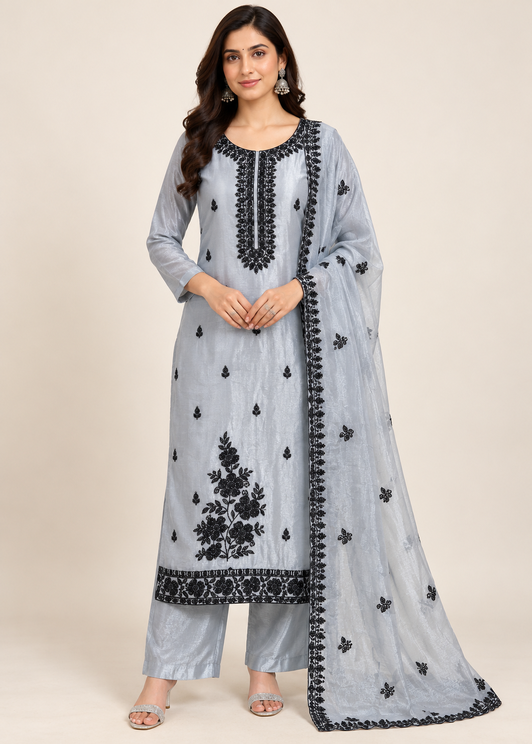 Powder Blue Embroidered Silk Suit Set