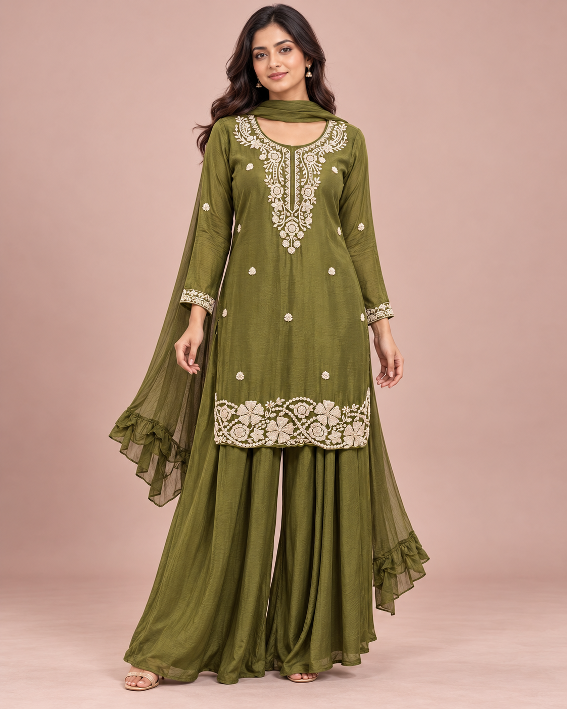 Olive Green Embroidered Chanderi Sharara Set