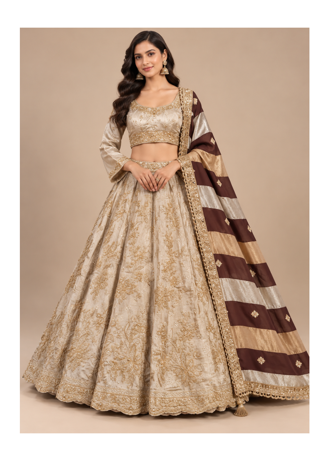 Royal Champagne Gold Floral Embroidered Lehenga