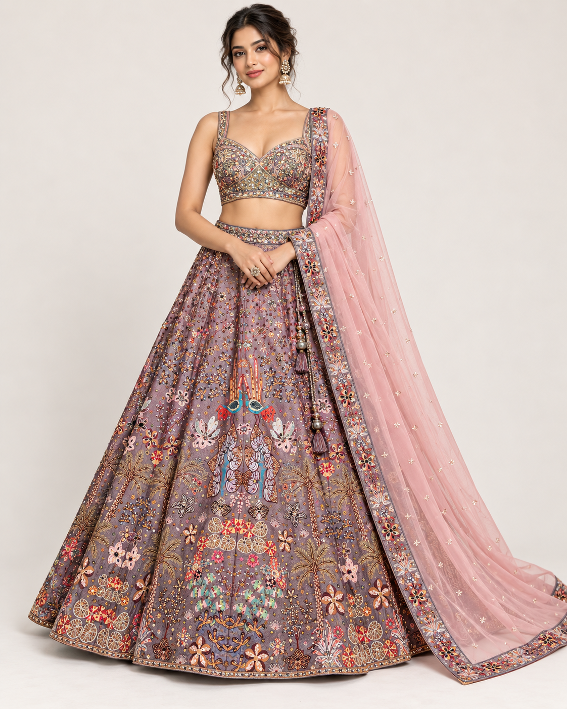 Dusty Mauve Pictorial Embroidered Bridal Lehenga Set with Pastel Pink Dupatt