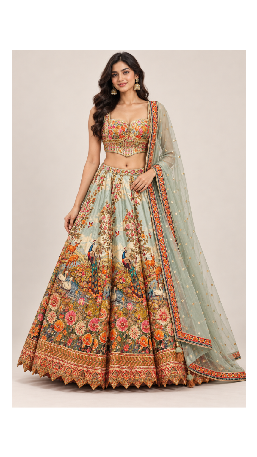 Pistachio Mint Shikargah Heritage Embroidered Bridal Lehenga Set Main image