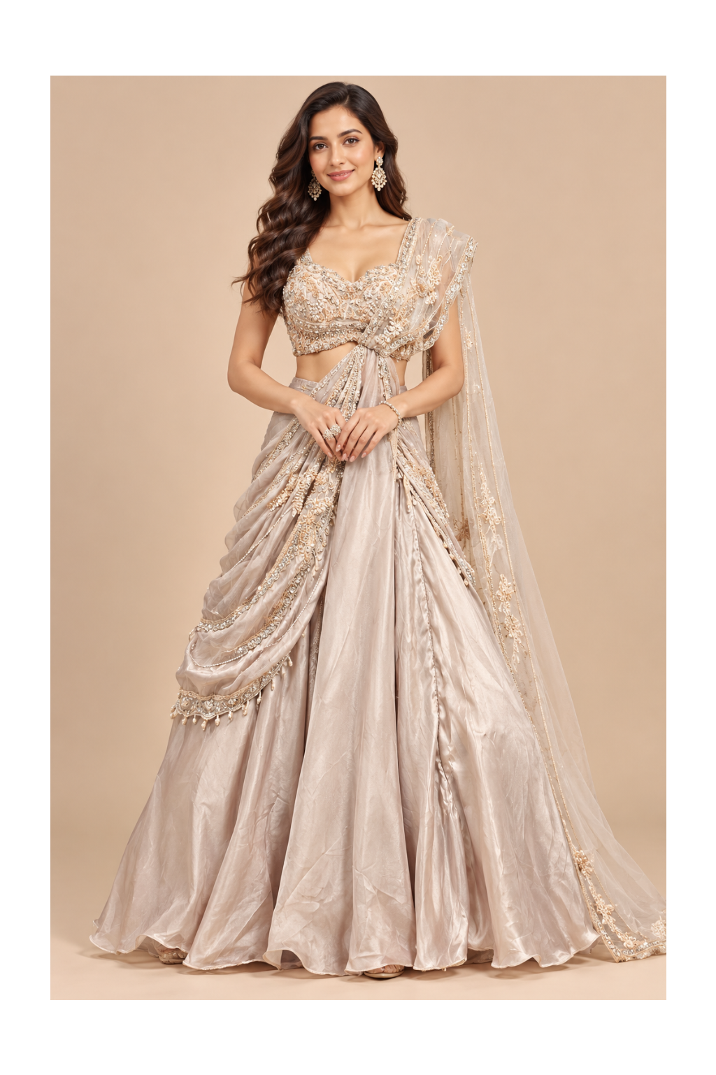 Metallic Champagne Pre-Draped Saree-Lehenga & Embellished Corset Bustier Set Main image