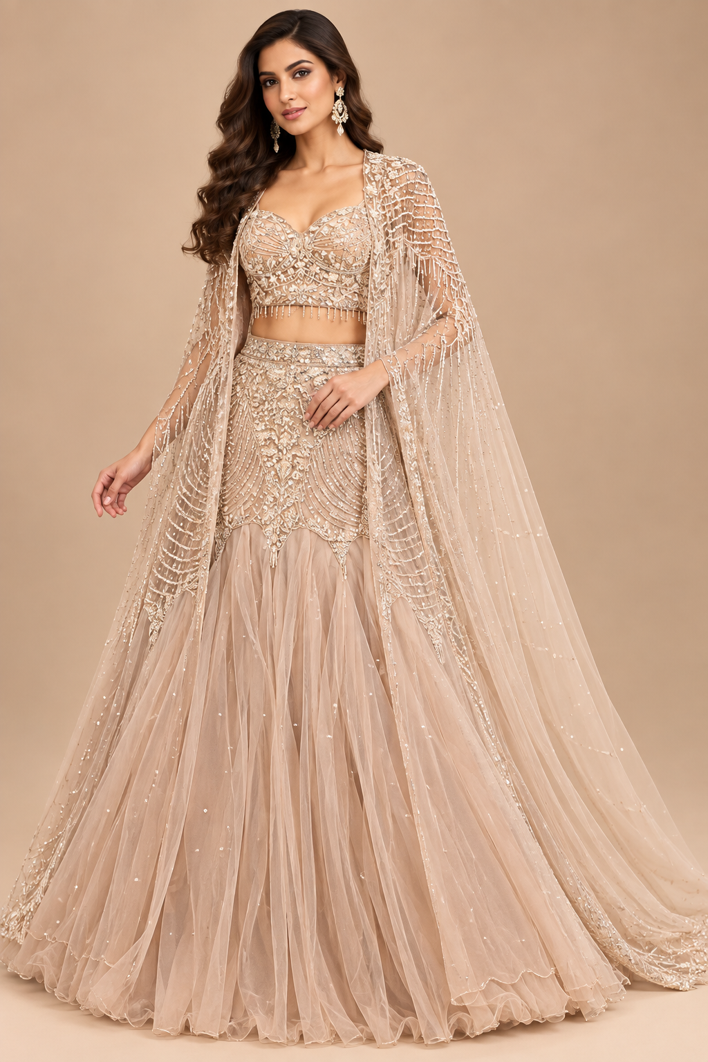 Champagne-Beige Long Cape Lehenga Set