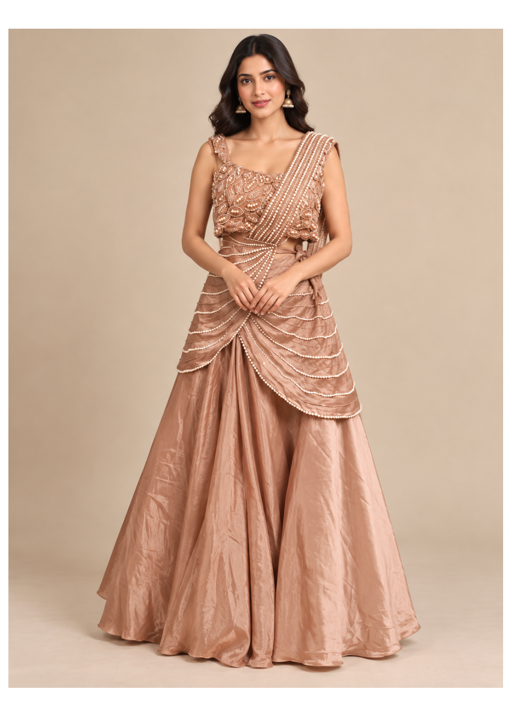 Rose Gold Tissue Silk Drape Lehenga Set with Pearl Blouse