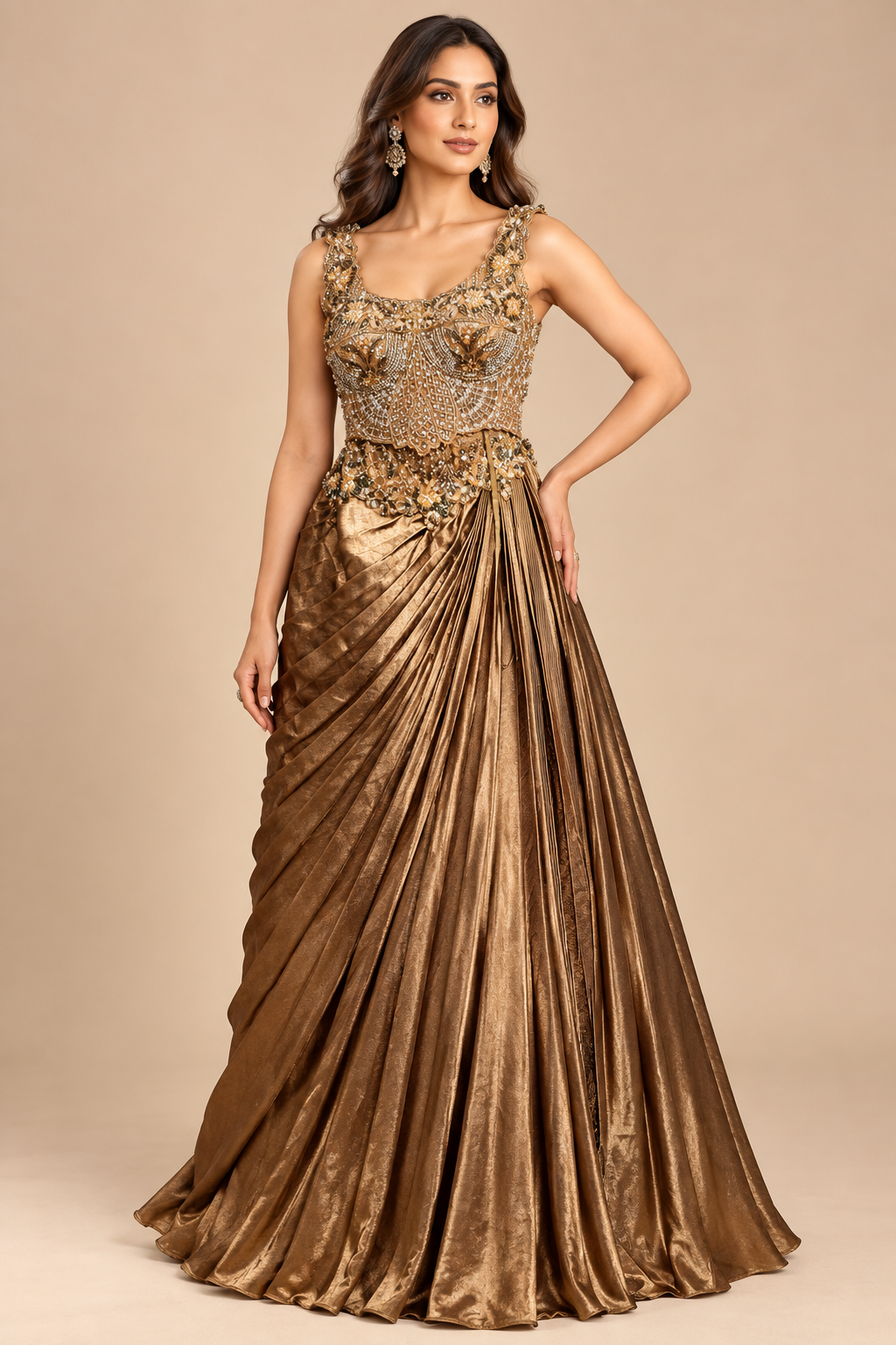 Warm Amber-Caramel Ruffled Corset Gown with Pleated Pallu