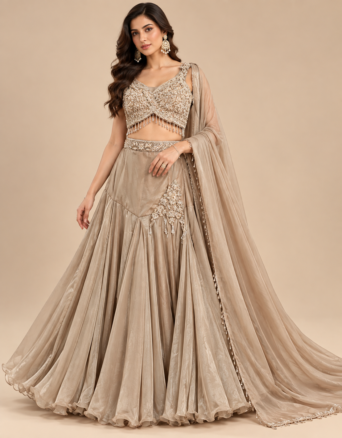 Muted Champagne-Taupe Embroidered Sleeveless Lehenga Choli Set