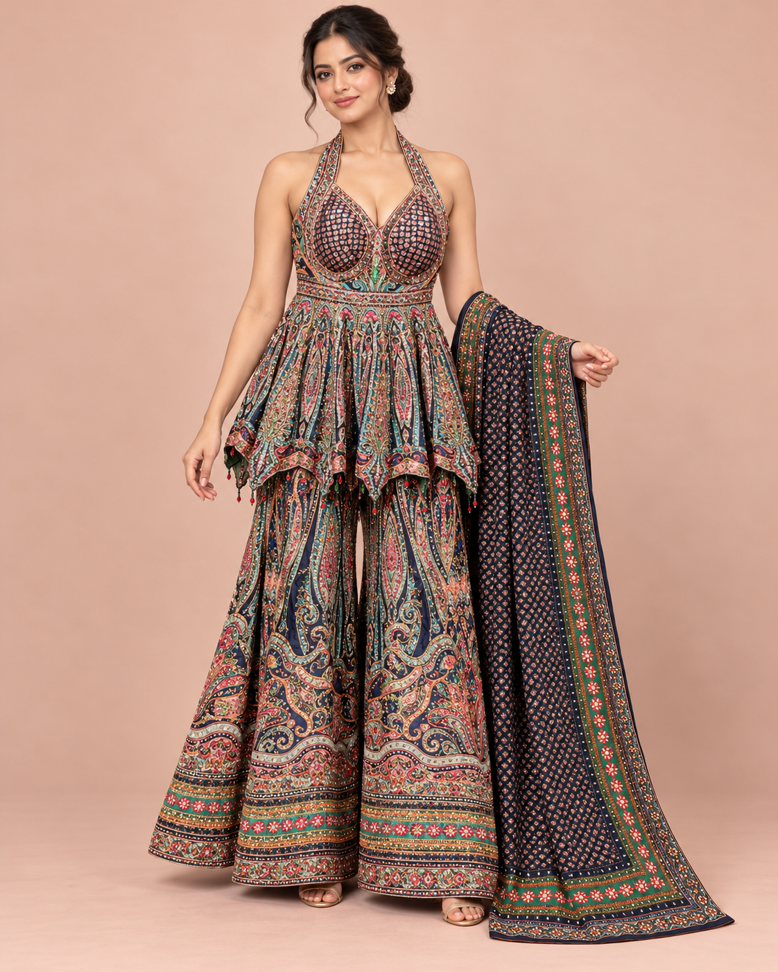 Multicolor Kalamkari Print Halter Sharara Set
