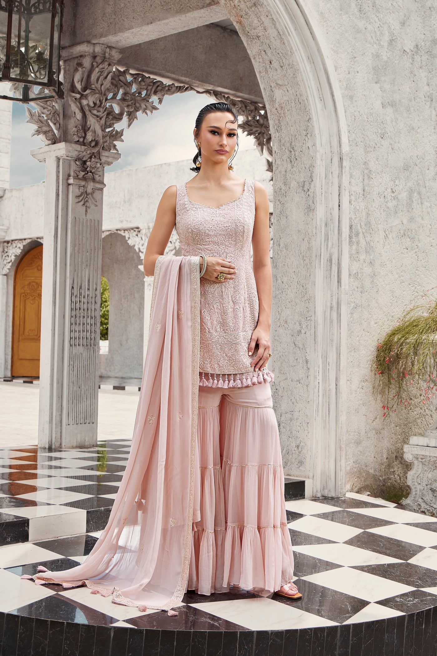 Powder Pink Embellished sharara Suit with Tiers (CHARMI M-24)