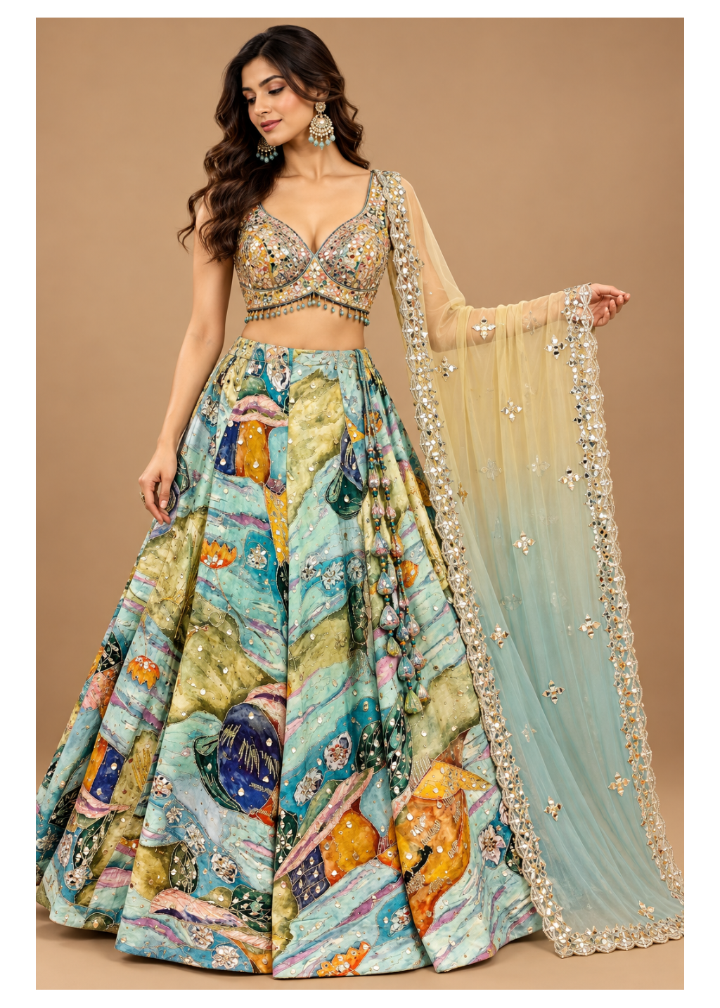 Turquoise Abstract Painted Mirror Bridal Lehenga Main image