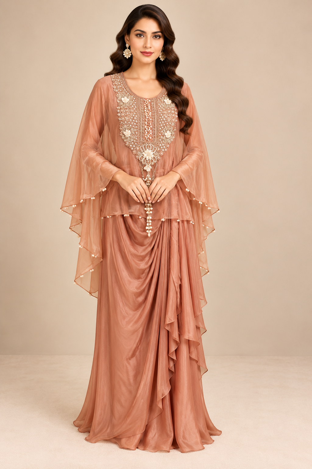 Dusty Peach-Rose Shimmer Tissue Silk Hand-Embroidered Cape &amp; Draped Cowl Skirt Co-Ord Set