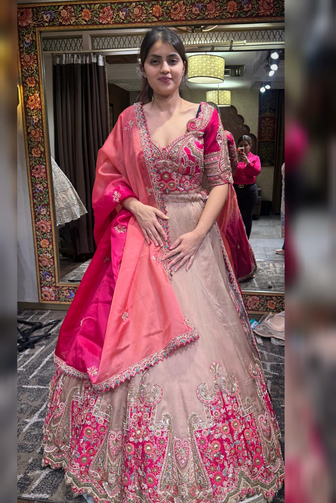 Radiant Beige and Pink Embroidered Lehenga Set with Intricate Blouse and Dupatta