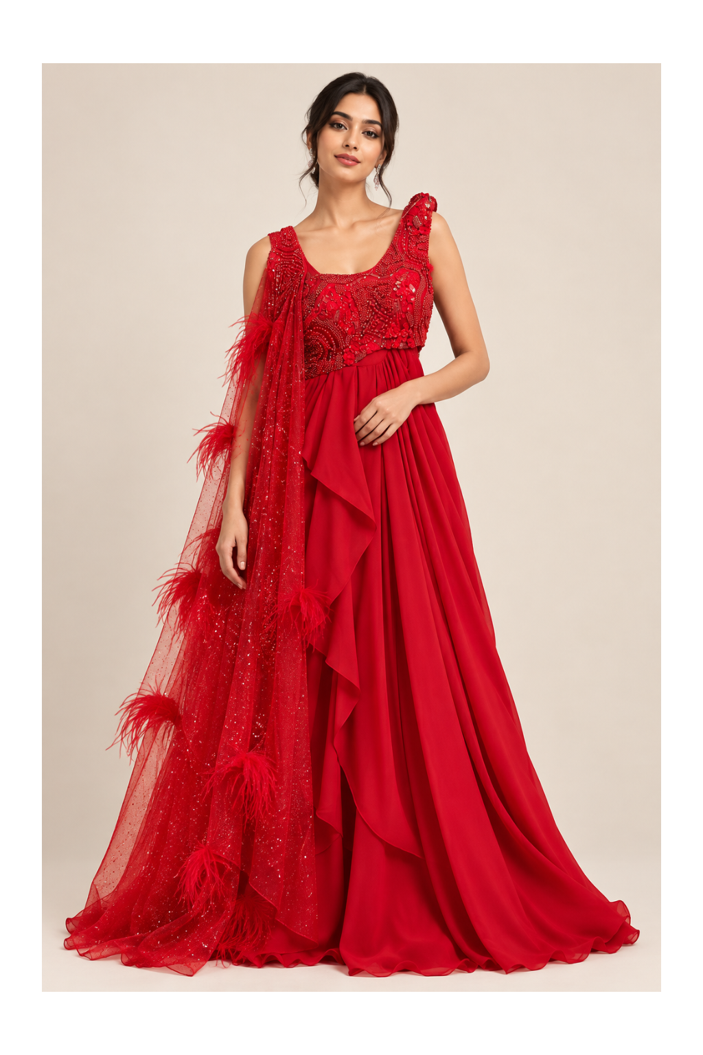 Crimson Red Feather Drape Gown Set Main image