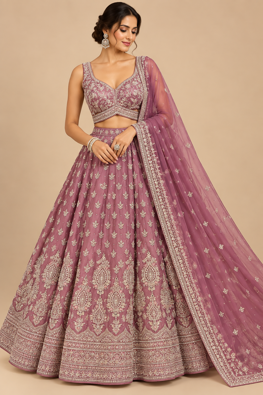 Mauve Plum Hand-Embroidered Silk Kalidar Lehenga Choli Set with Dupatta