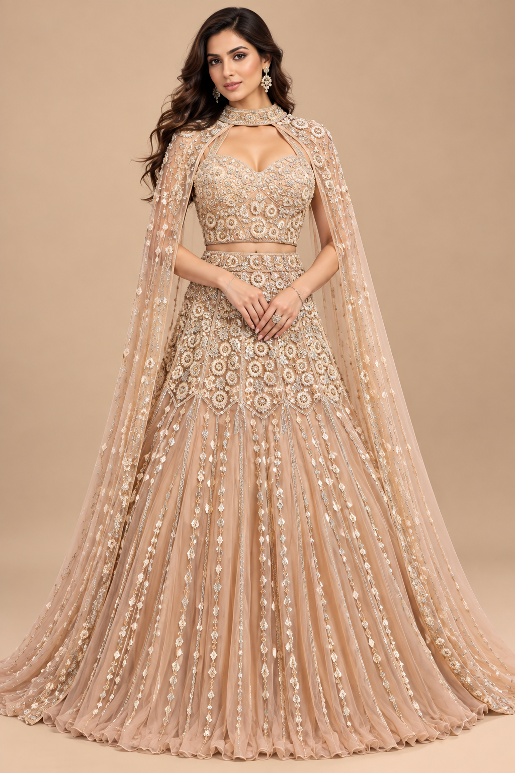 Champagne Peach Cape-Style Embroidered Lehenga Set