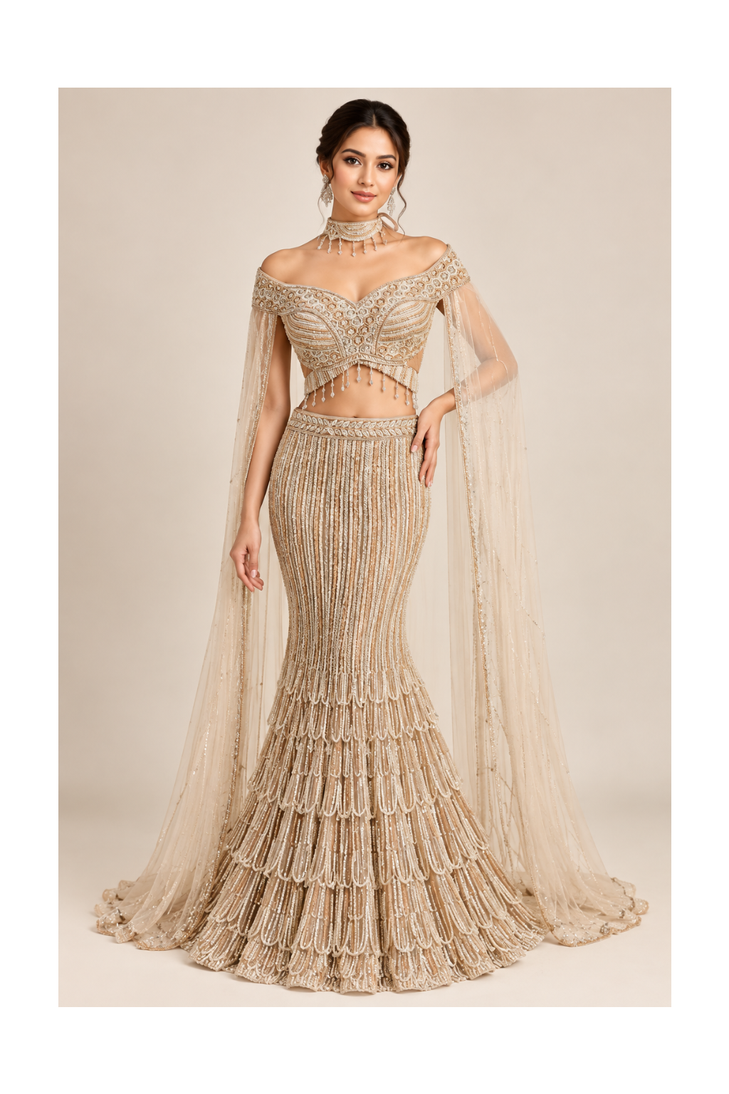 Champagne Gold Embroidered Mermaid Lehenga Set