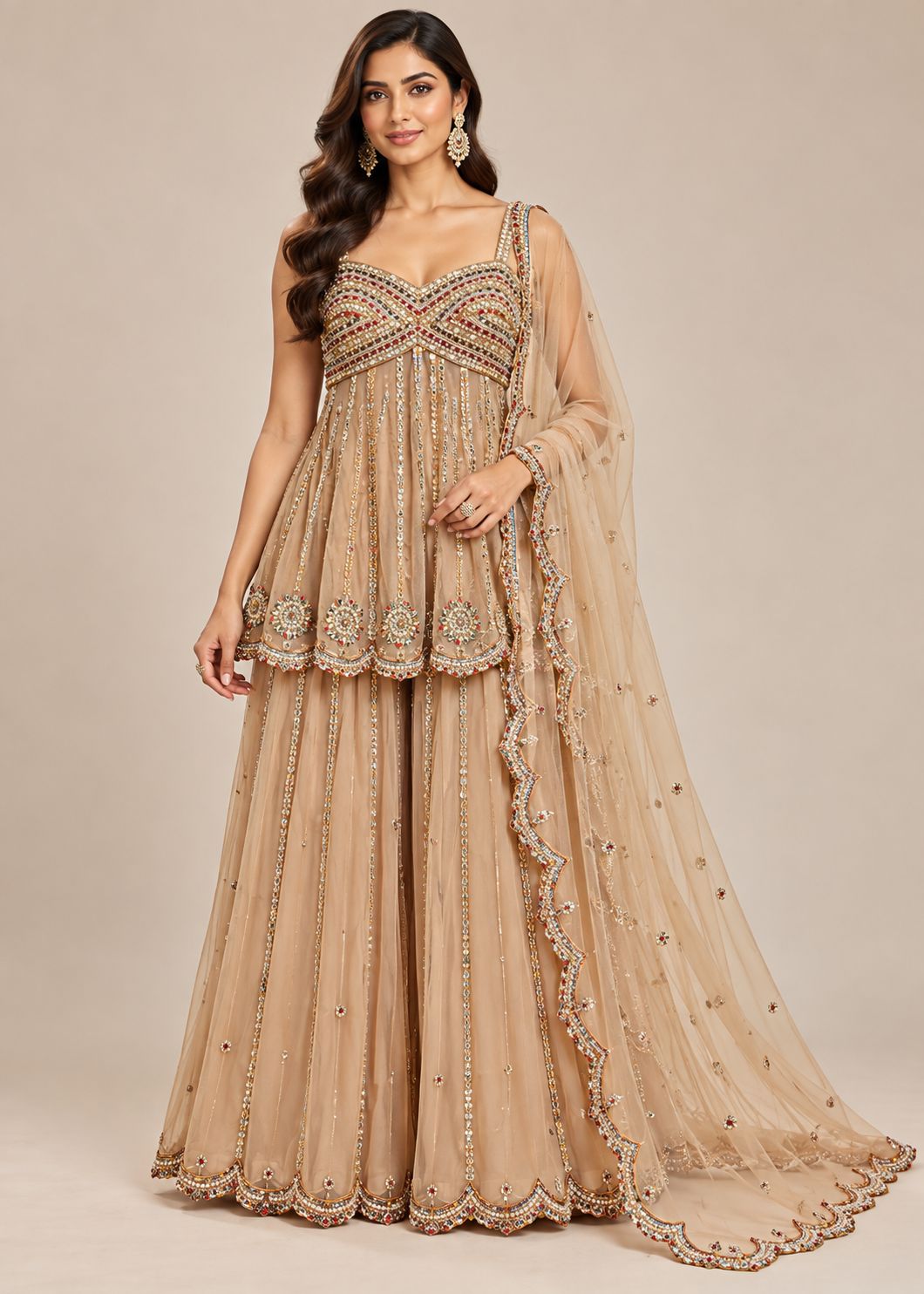 Champagne Nude Embellished Peplum Sharara Set Main image