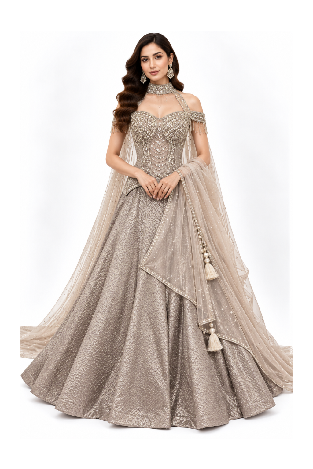 Taupe Embellished Corset Blouse Lehenga Set Main image