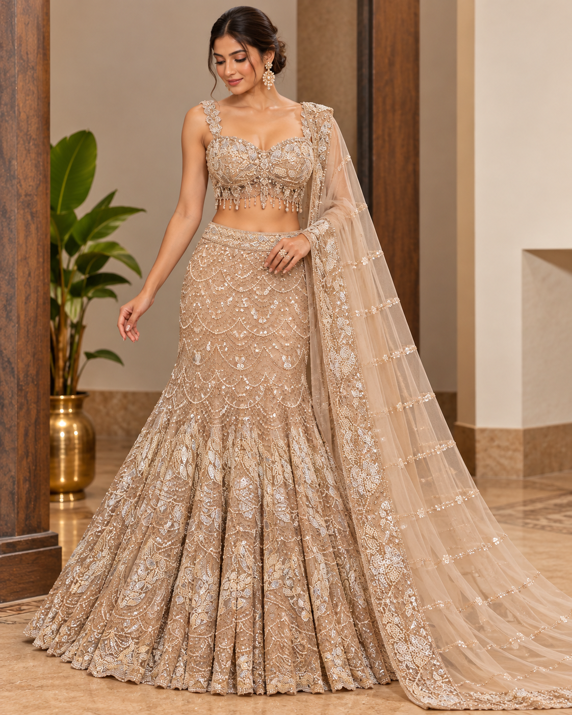 Champagne Embellished Mermaid Lehenga Set