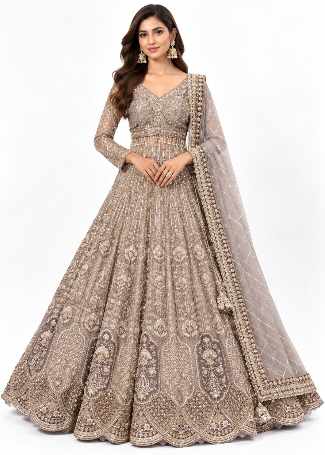 Taupe Gold Embroidered Bridal Lehenga Set Main image