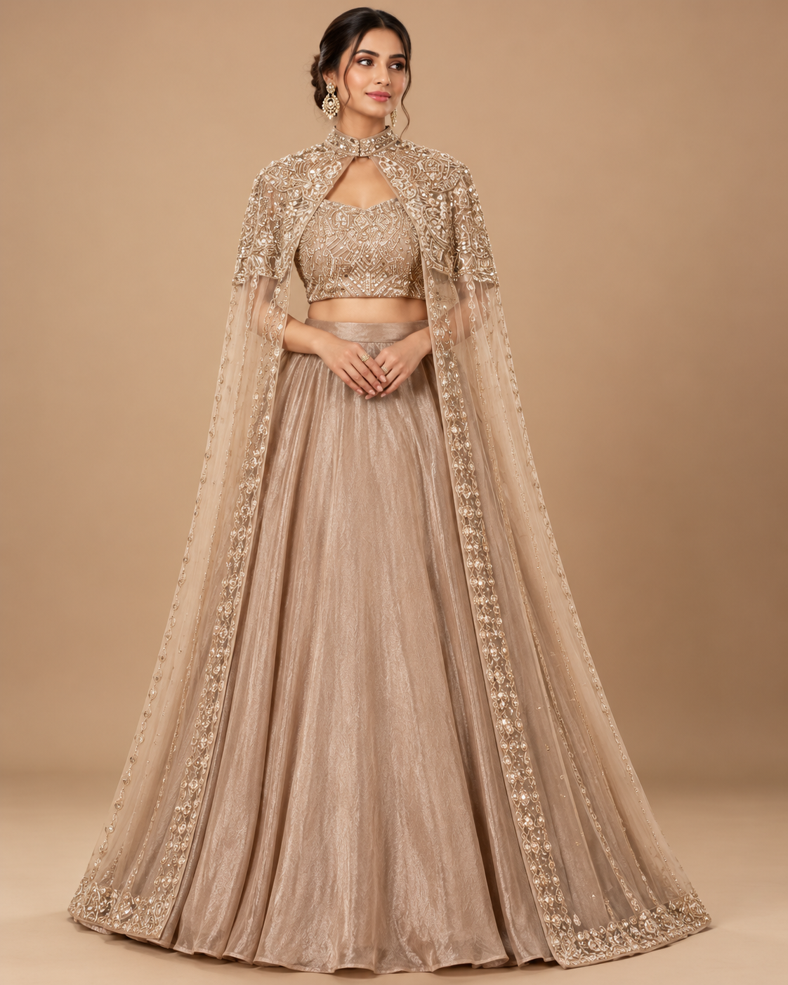Dusty Mauve Crushed Tissue Lehenga Set with Pearl Corset & Cape Main image