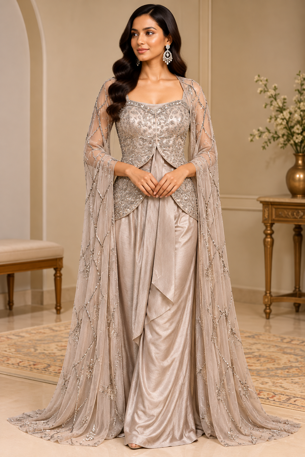 Champagne Silver Embroidered Designer Drape Gown