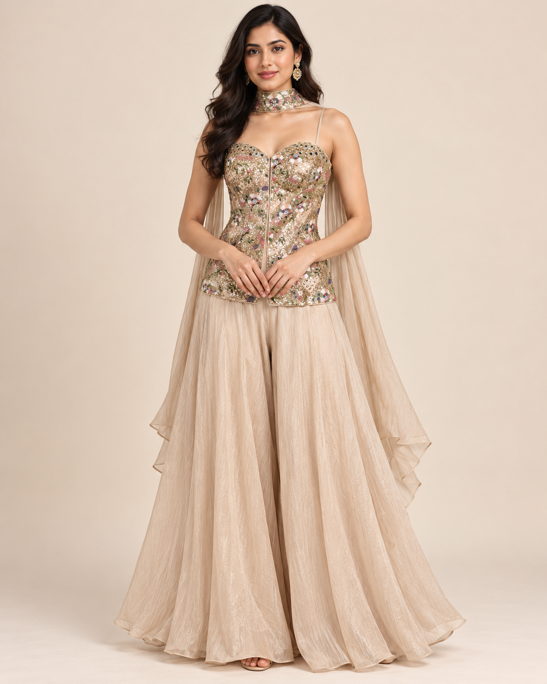 Chikoo Embellished Corset Palazzo Set with Choker Dupatta Main image