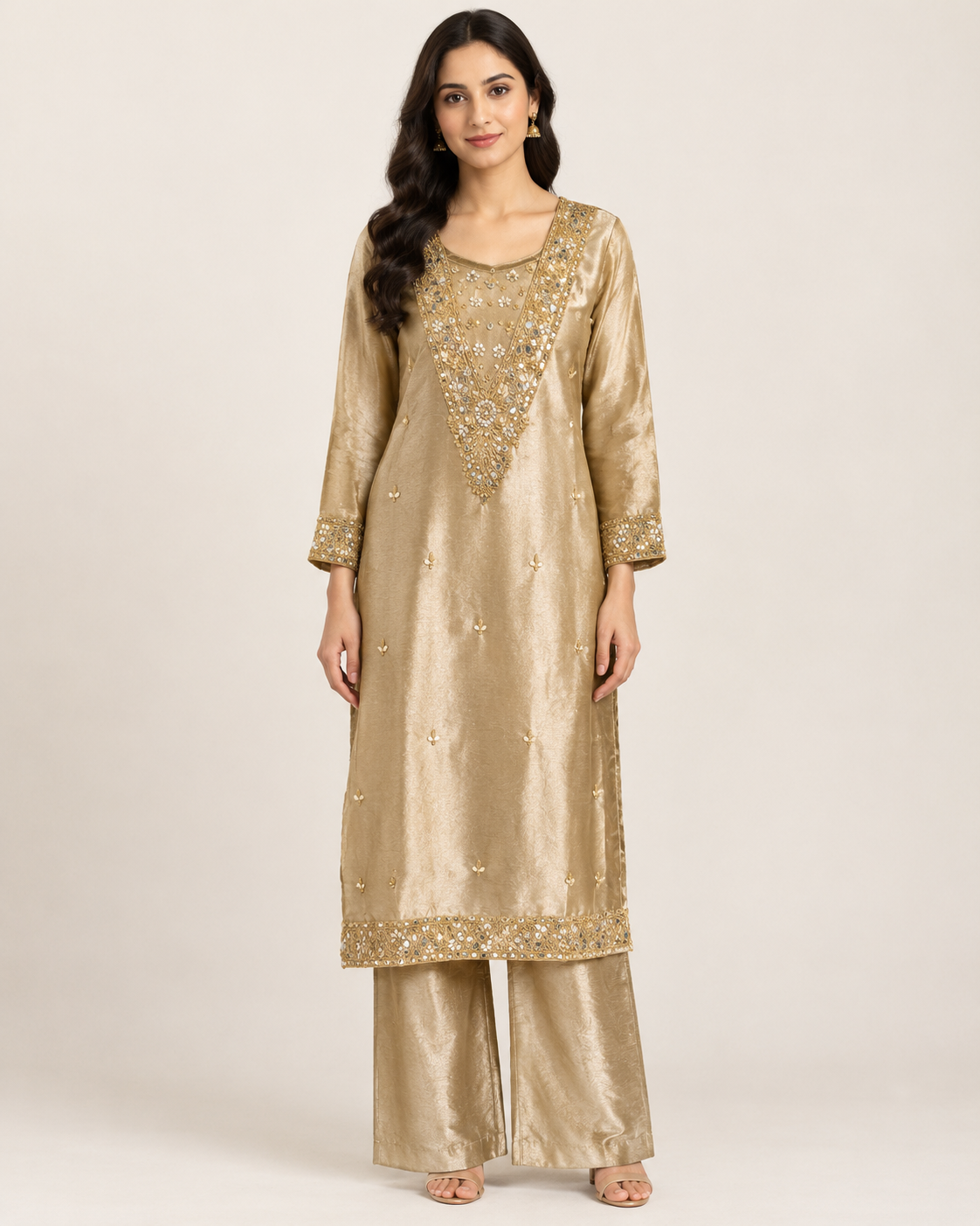 Champagne Gold Embroidered Kurta with Palazzo Pants Set