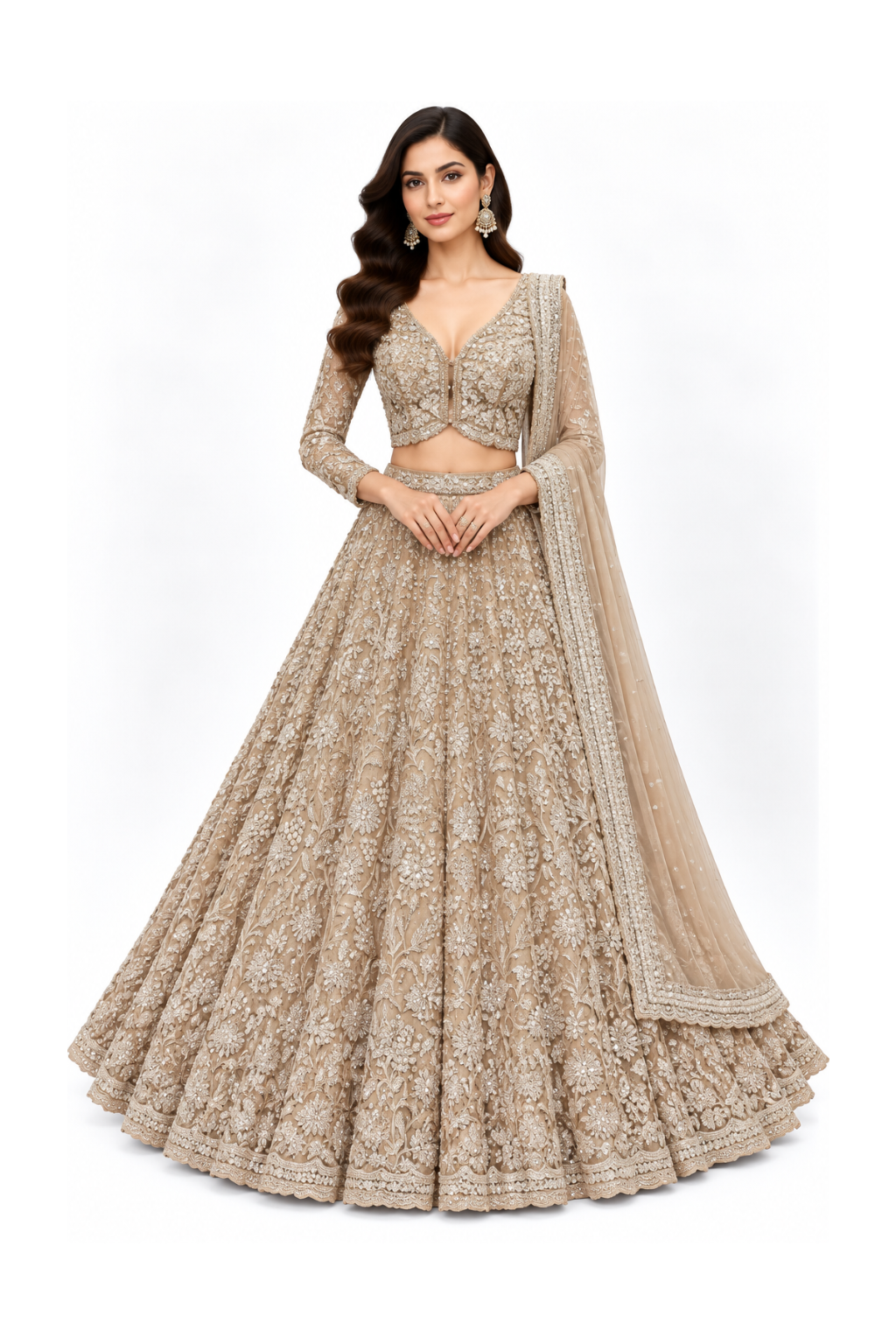 Champagne Floral Embroidered Bridal Lehenga Set