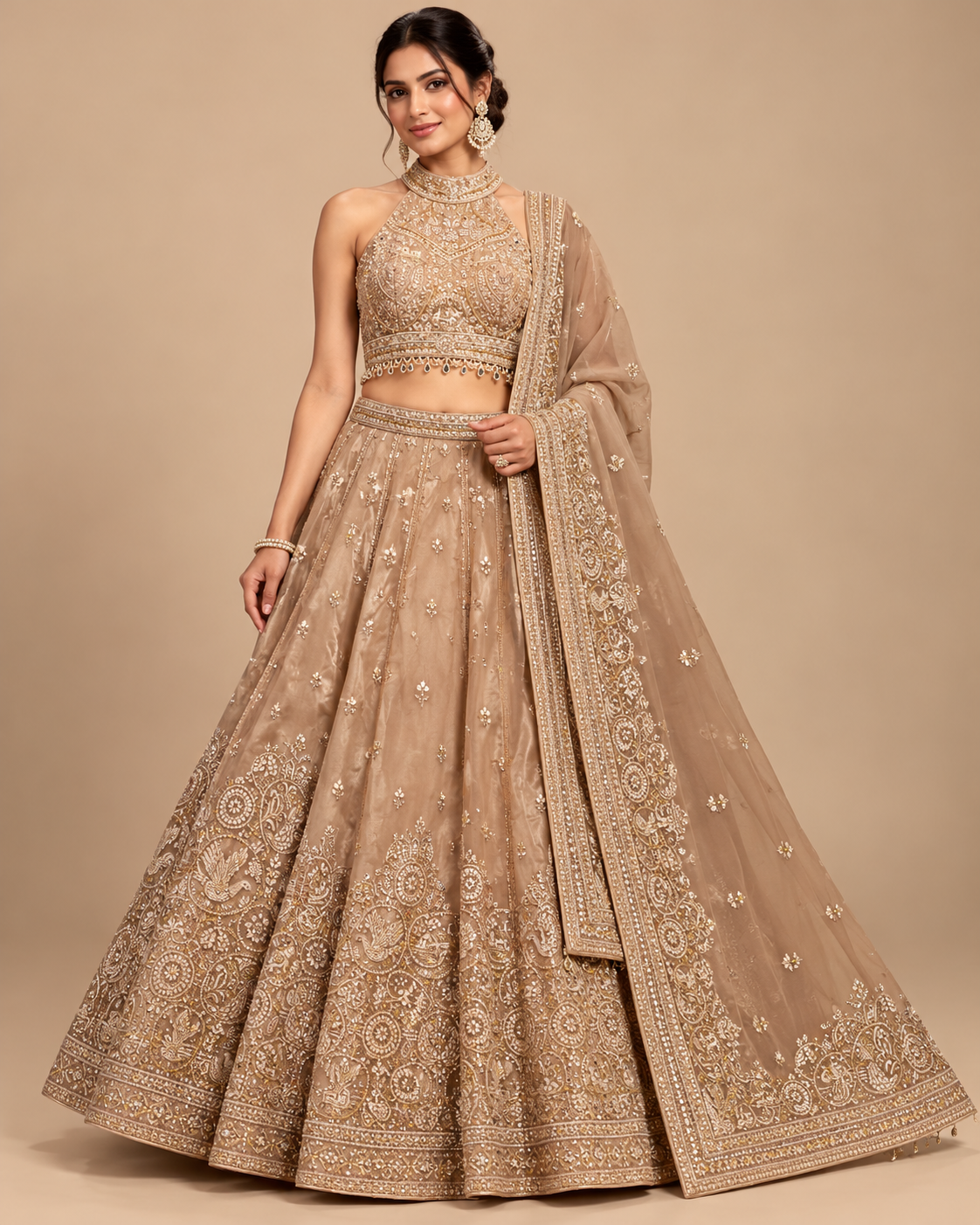 Champagne Gold Halter Embroidered Lehenga Set Main image