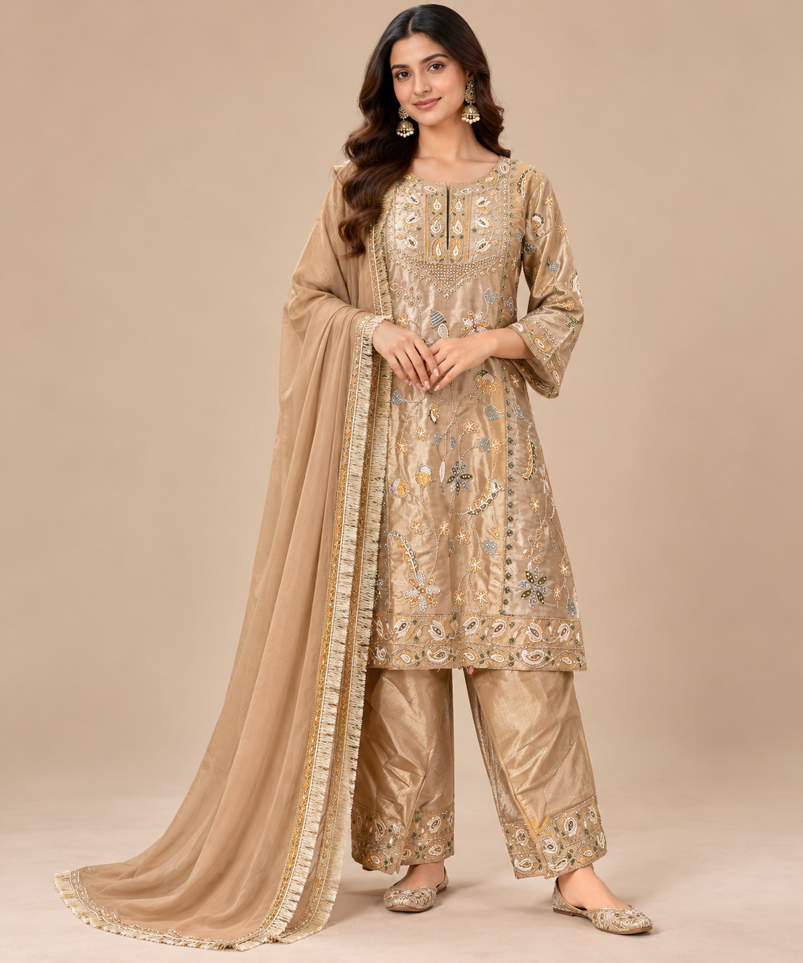 Champagne Embroidered Tissue Silk Salwar Suit Set Main image