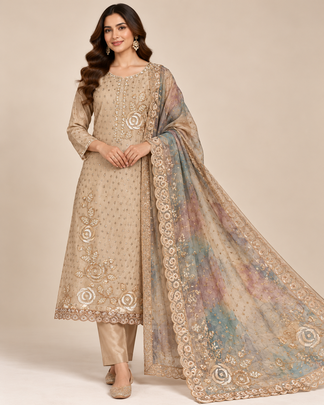 Champagne Beige Floral Embroidered Suit Set