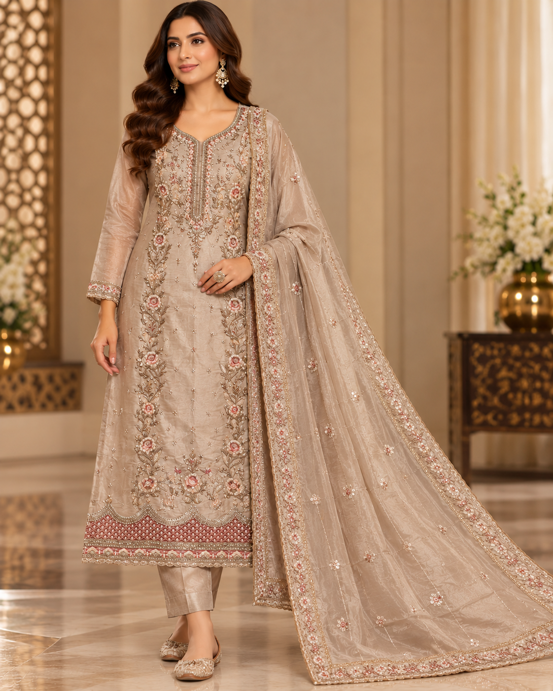 Champagne Beige Floral Embroidered Suit Fabric