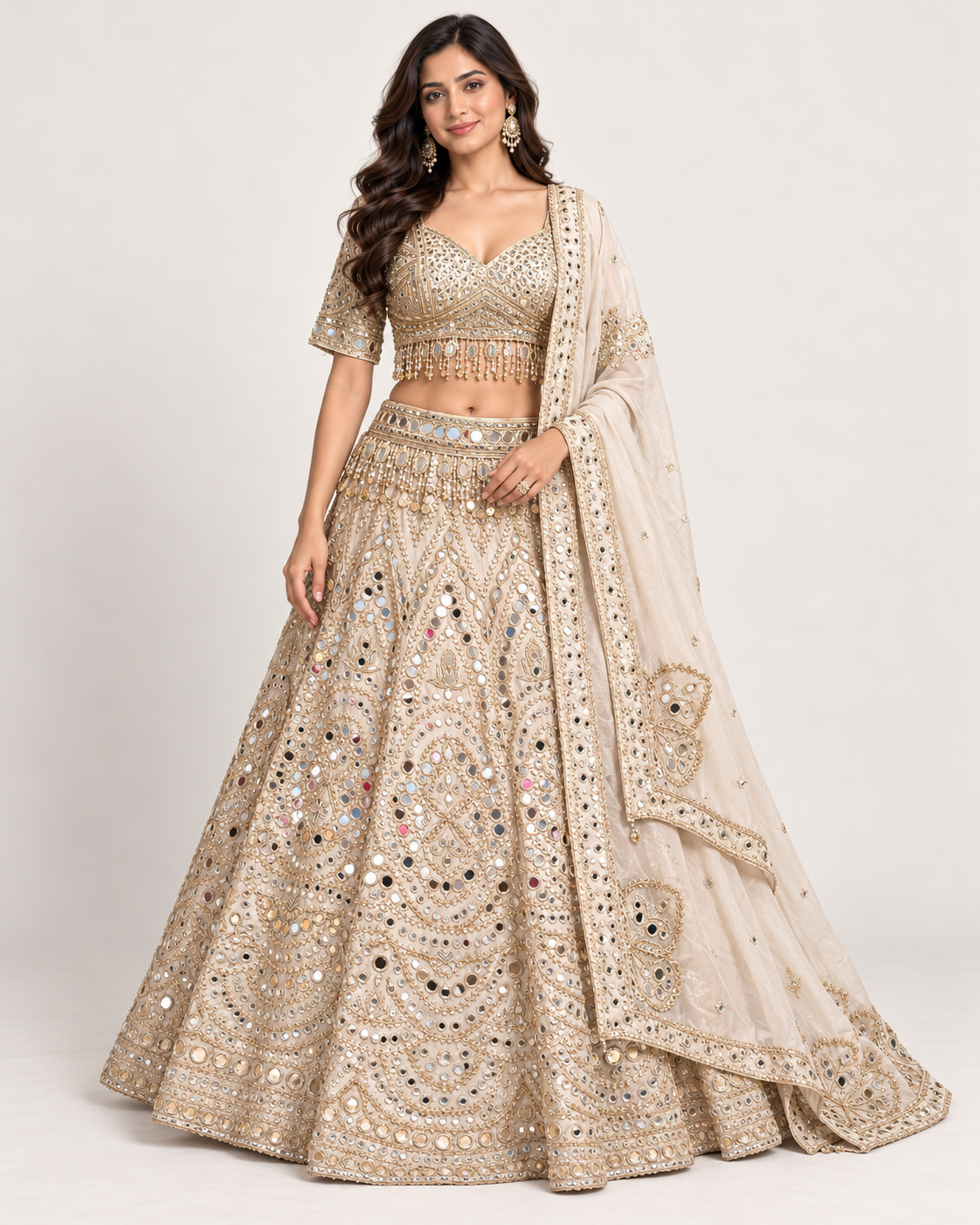 Royal Champagne Gold Mirror Work Lehenga Main image
